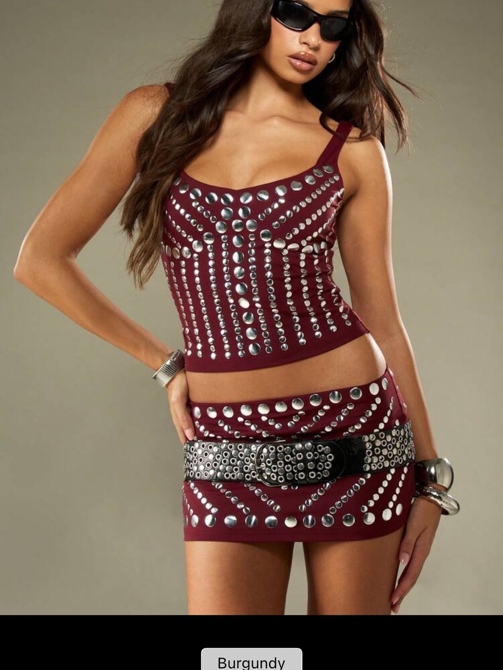 Missguided Burgundy Studded Tank and Mini Skirt Set